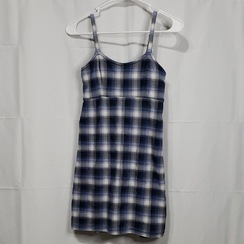 Hollister Blue and White Plaid Spaghetti Strap Mini Dress. Size: XS